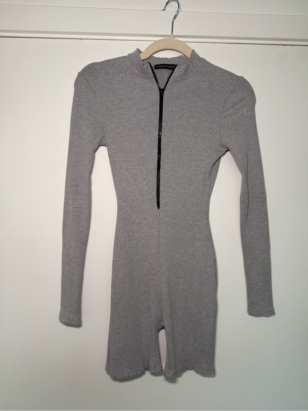 naked wardrobe Gray Ribbed Long-Sleeve One-Piece with Front Zip